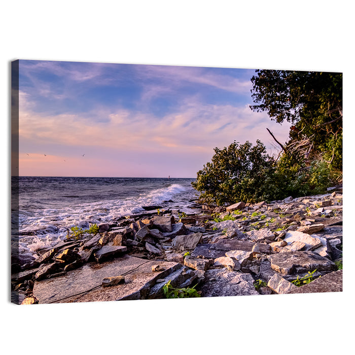 Lake Michigan Rocky Shoreline at Dusk Wall Art as a canvas print