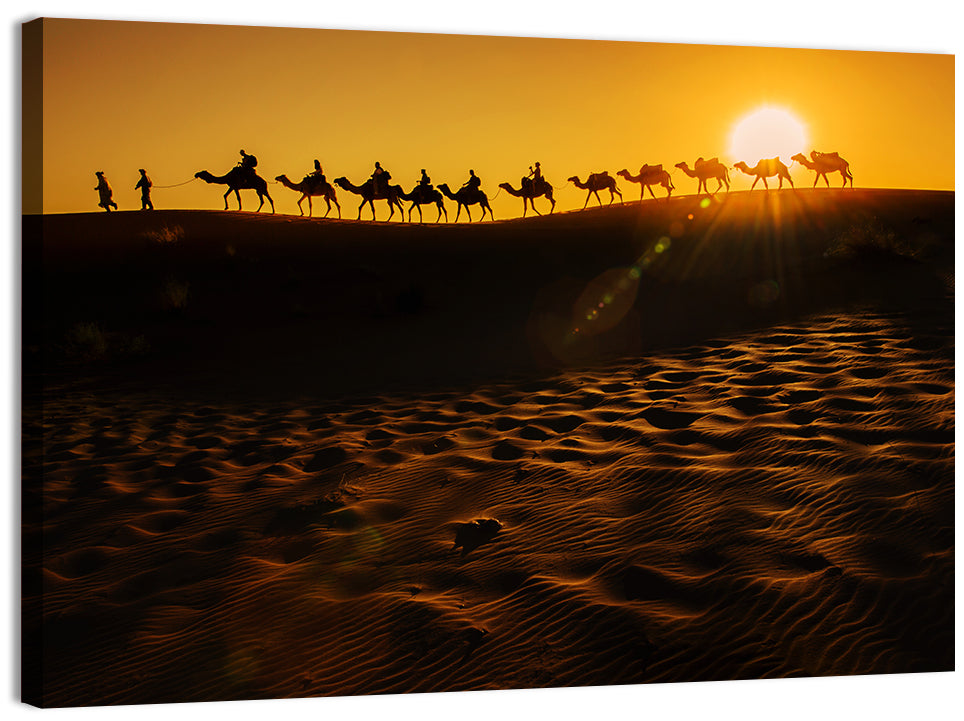 Camel Caravan Silhouette at Golden Sunset Wall Art, canvas print, landscape