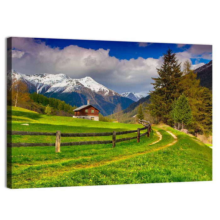 Alpine Meadow Cabin, Swiss Alps Wall Art as a canvas print