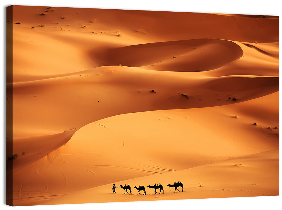 Desert Camel Caravan in Golden Dunes Wall Art, canvas print, landscape