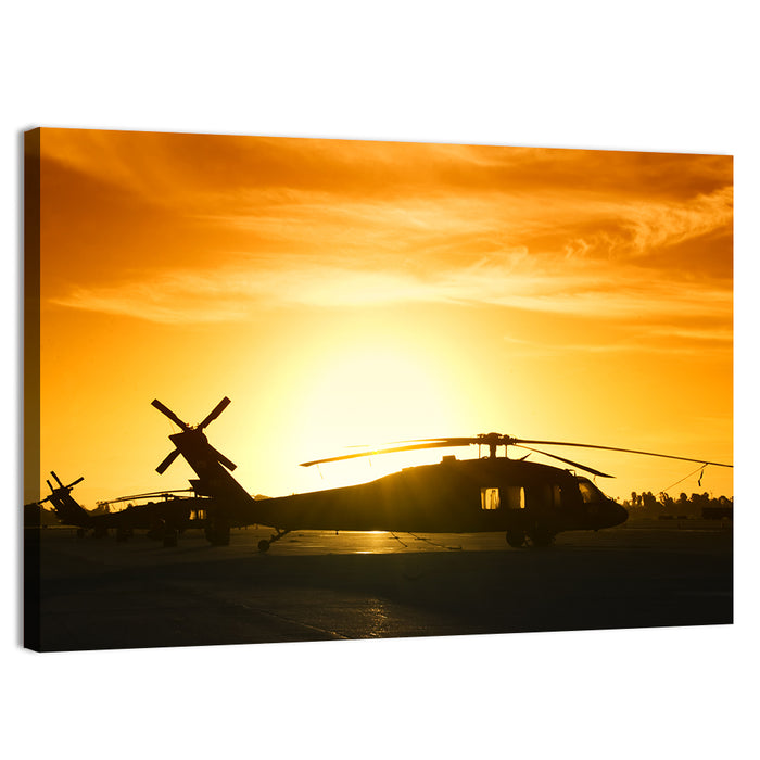 Helicopter Squadron at Sunset Wall Art as a canvas print