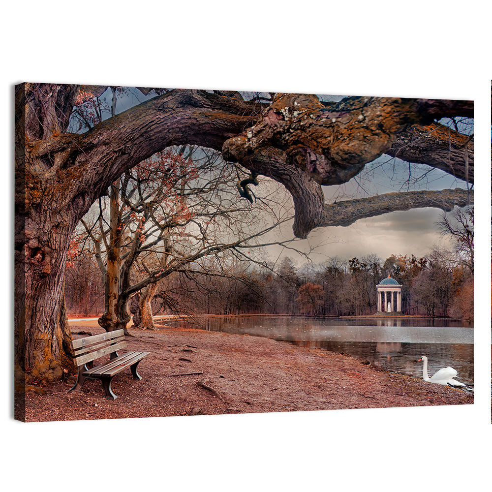 Autumn Pavilion with Swan Wall Art, canvas print, landscape