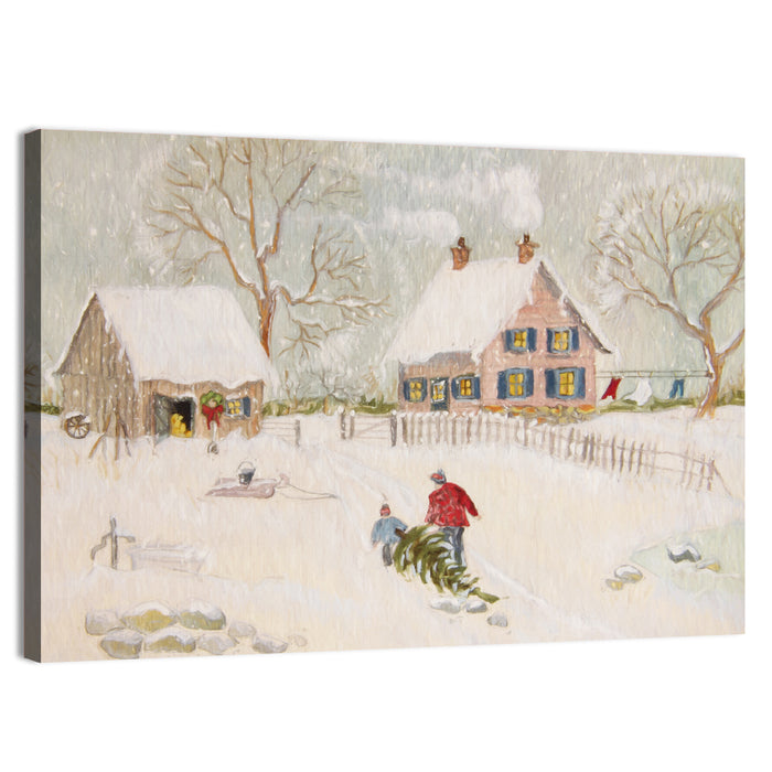 Snowy Farmhouse Illustration Wall Art as a canvas print