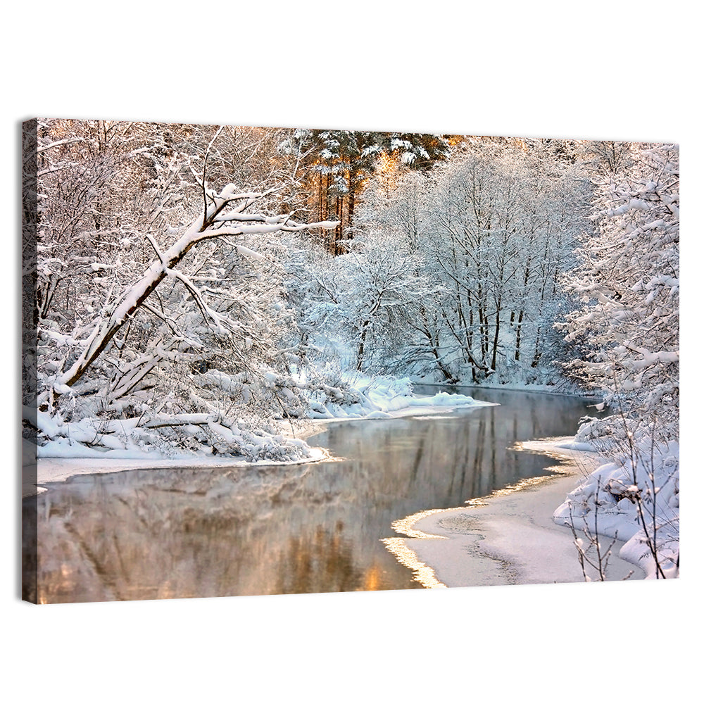 Snow-covered Stream at Golden Hour Wall Art