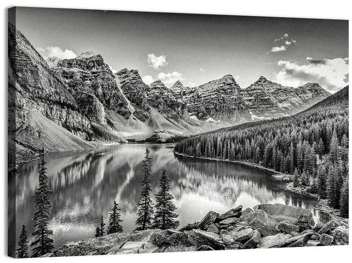 Moraine Lake Monochrome Mountain Landscape Wall Art as a canvas print