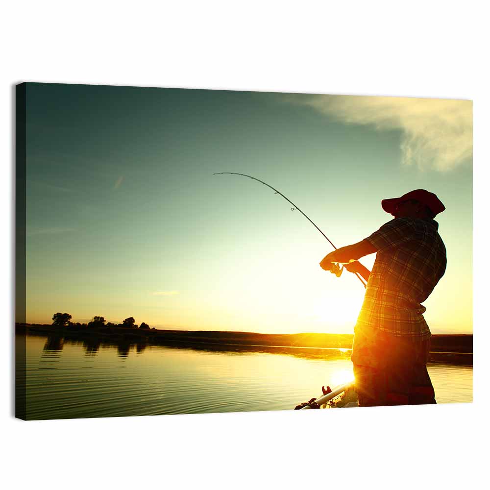 Sunset Fisherman Silhouette Wall Art, canvas print, landscape