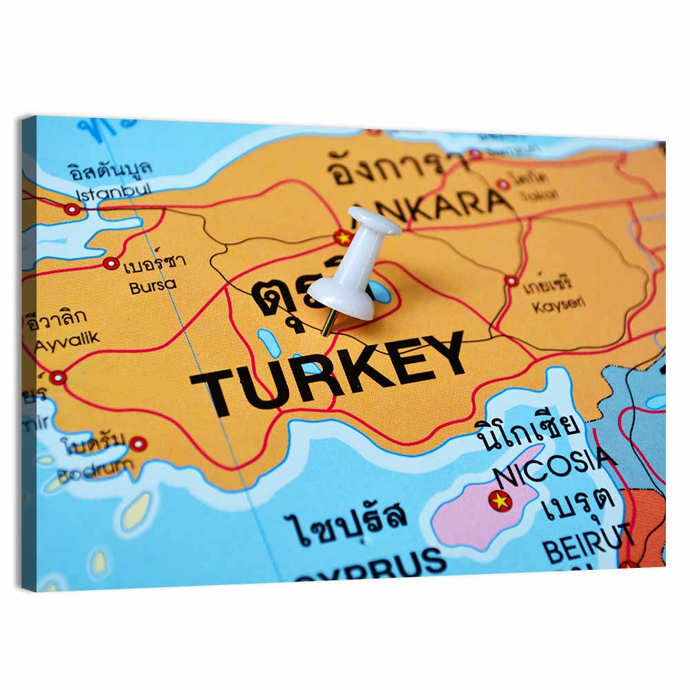 Turkey Map with Ankara Pin Wall Art, canvas print, landscape