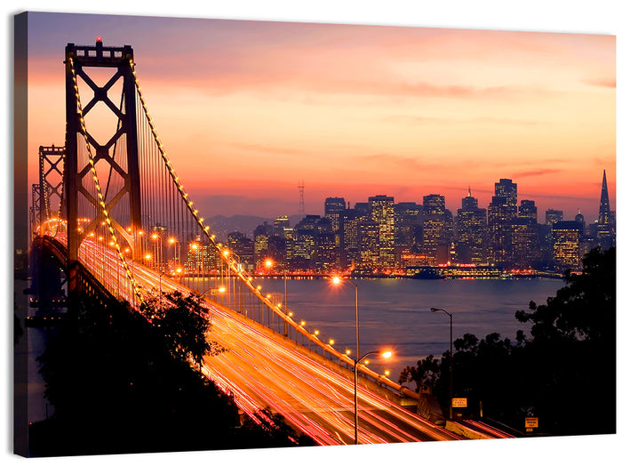 Bay Bridge Light Trails at Sunset Wall Art as a canvas print