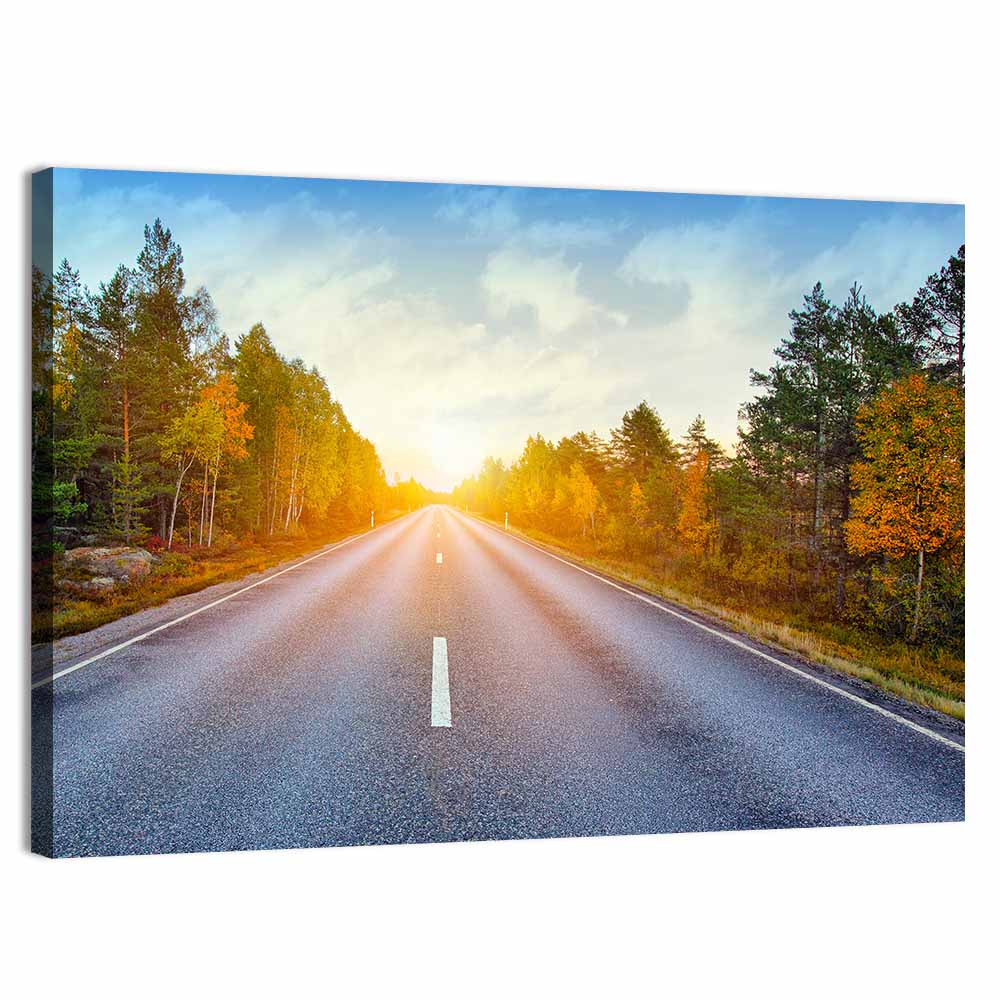 Sunlit Autumn Forest Road Wall Art, canvas print, landscape