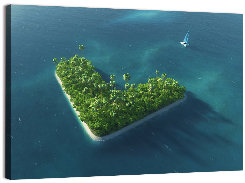 V-shaped Tropical Island with Distant Catamaran Wall Art, canvas print, landscape