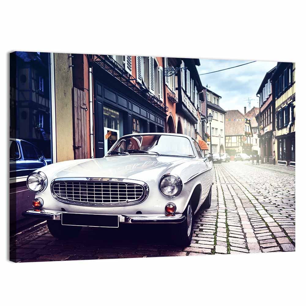 Vintage Car on Cobblestone Street Wall Art, canvas print, landscape