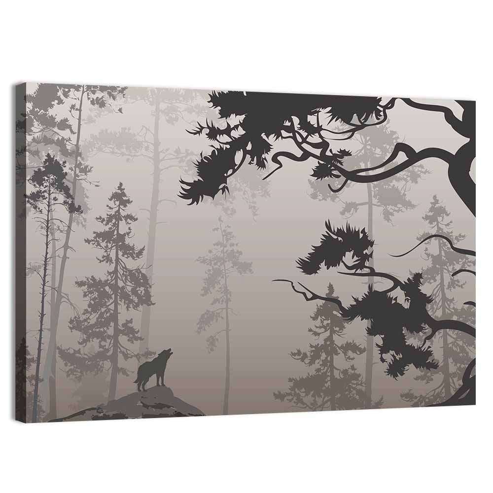 Howling Wolf in Misty Forest Wall Art, canvas print, landscape