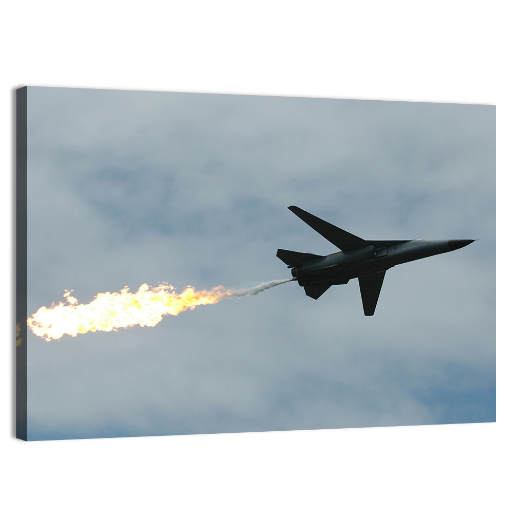 Fighter Jet with Flaming Exhaust Wall Art, canvas print, landscape