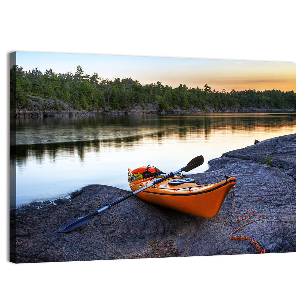 Orange Kayak on Rocky Shore Wall Art, canvas print, landscape