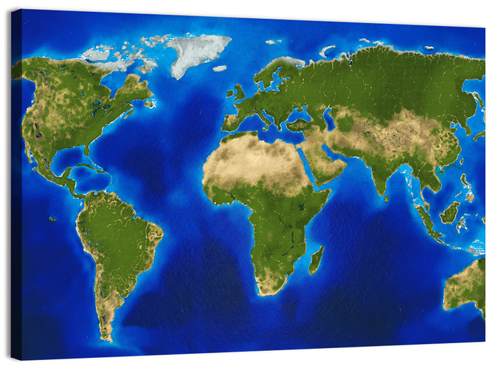 Satellite-style Blue World Map Wall Art as a canvas print