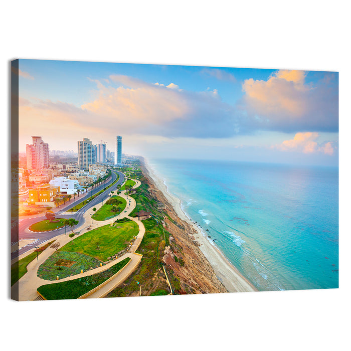Netanya Coastline at Golden Hour Wall Art as a canvas print