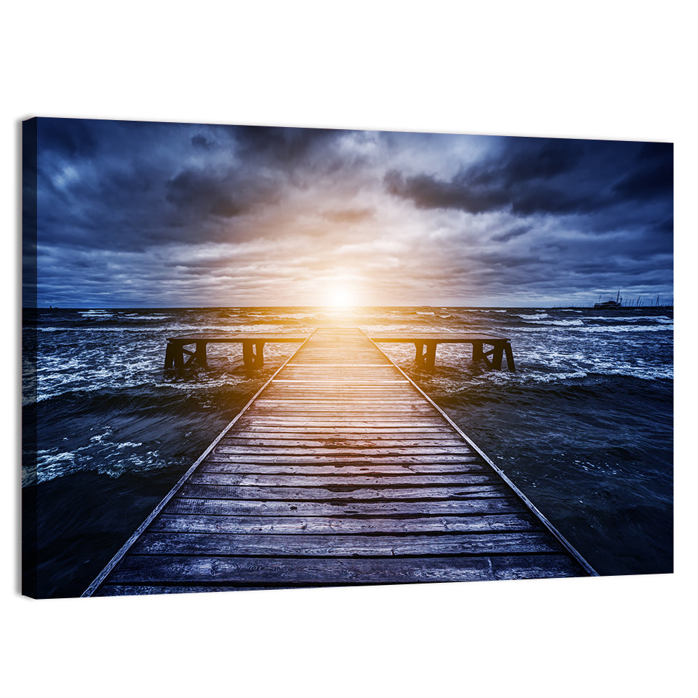 Sunlit Wooden Jetty at Dusk Wall Art, canvas print, landscape