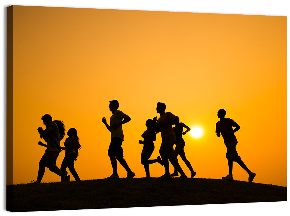 Six Runners Silhouette at Golden Sunset Wall Art, canvas print, landscape