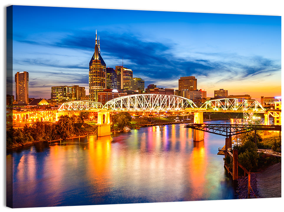 Nashville Skyline at Twilight Bridge Reflections Wall Art