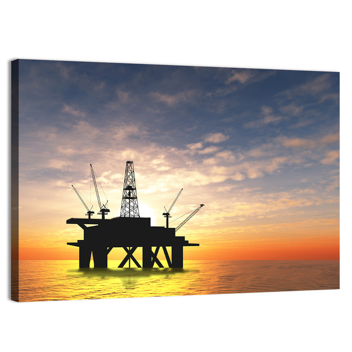 Sunset Oil Rig Silhouette Wall Art as a canvas print