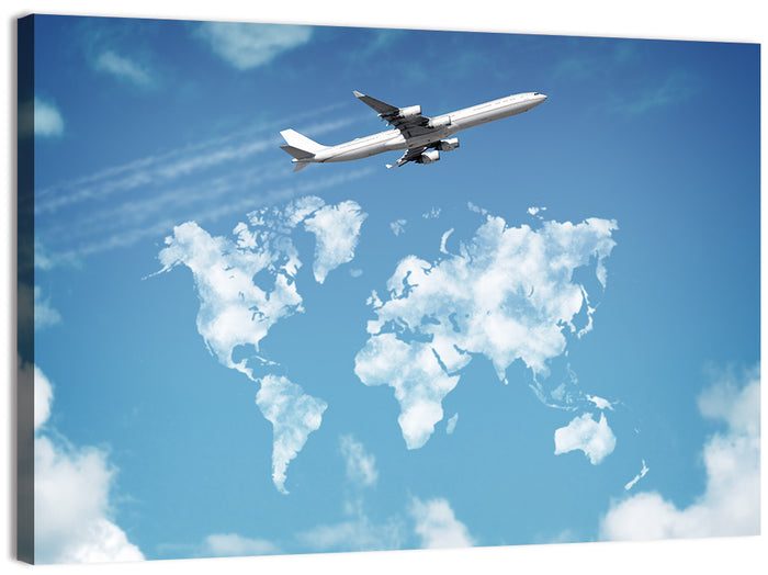 Jet Over Cloud World Map Wall Art as a canvas print