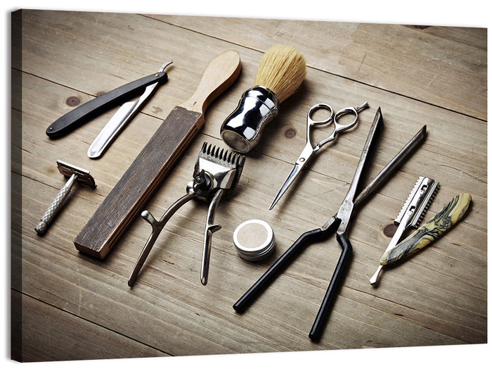 Vintage Barber Tools on Wooden Workbench Wall Art as a canvas print