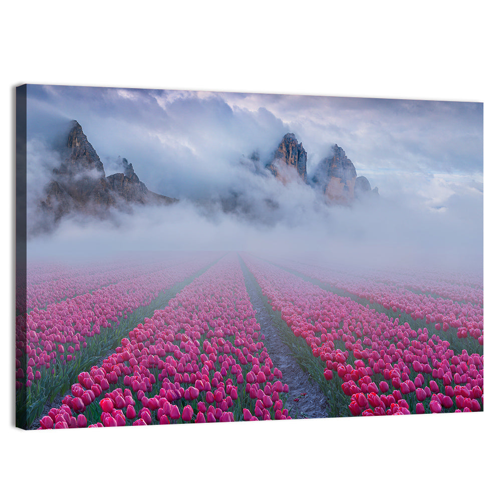 Misty Pink Tulip Field Wall Art, canvas print, landscape