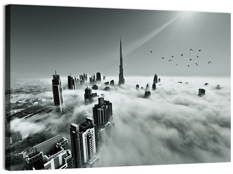 Burj Khalifa Rising Through Morning Fog Wall Art, canvas print, landscape