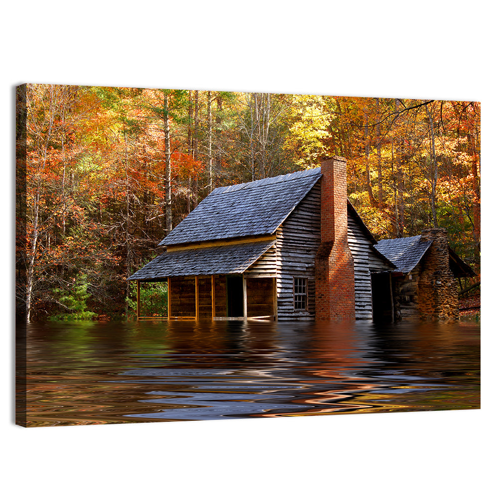 Autumn Flooded Log Cabin Wall Art, canvas print, landscape