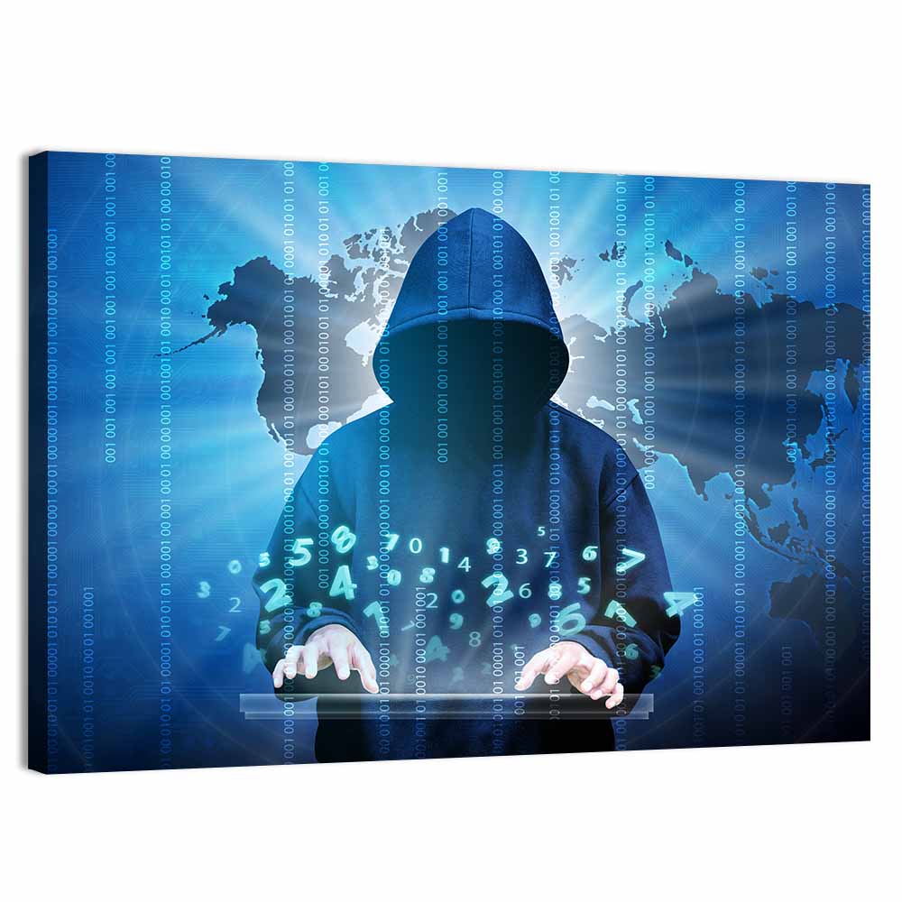 Hooded Hacker with Binary Map Wall Art