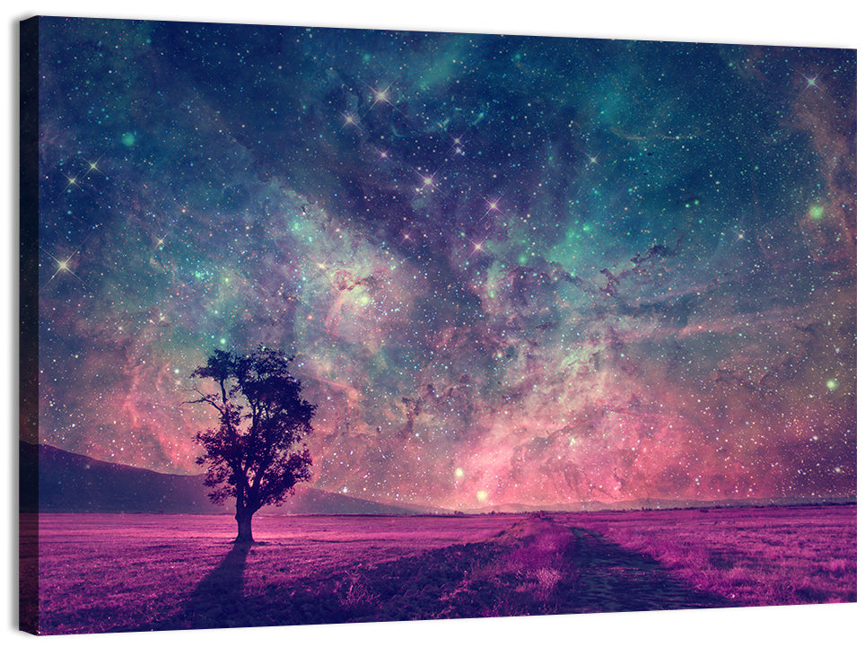 Lone Tree Under Nebula Sky Wall Art, canvas print, landscape