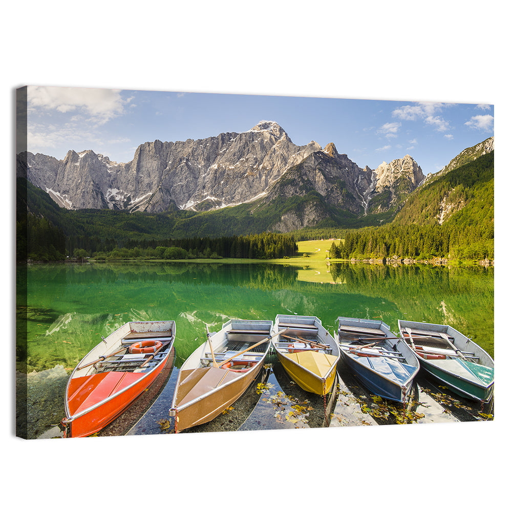 Five Boats at Lago Superiore Di Fusine Wall Art, canvas print, landscape