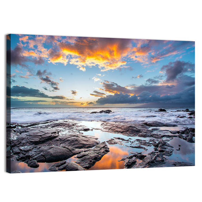 Sunset Over Volcanic Shore Wall Art as a canvas print