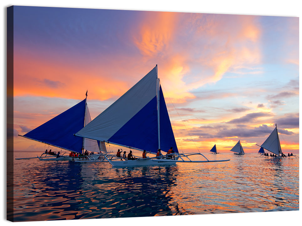 Outrigger Sailboats at Sunset Wall Art