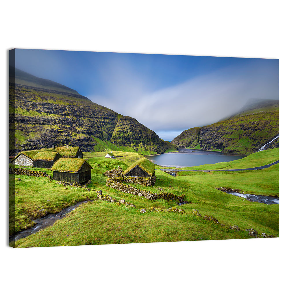 Saksun Turf Roof Cabins Wall Art, canvas print, landscape