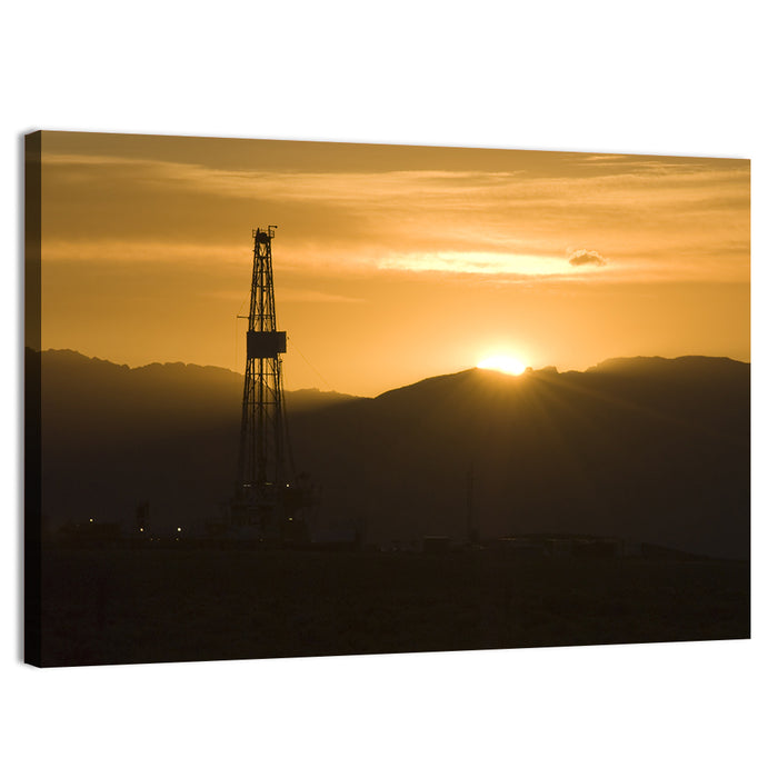 Sunrise Over Drilling Rig Wall Art as a canvas print