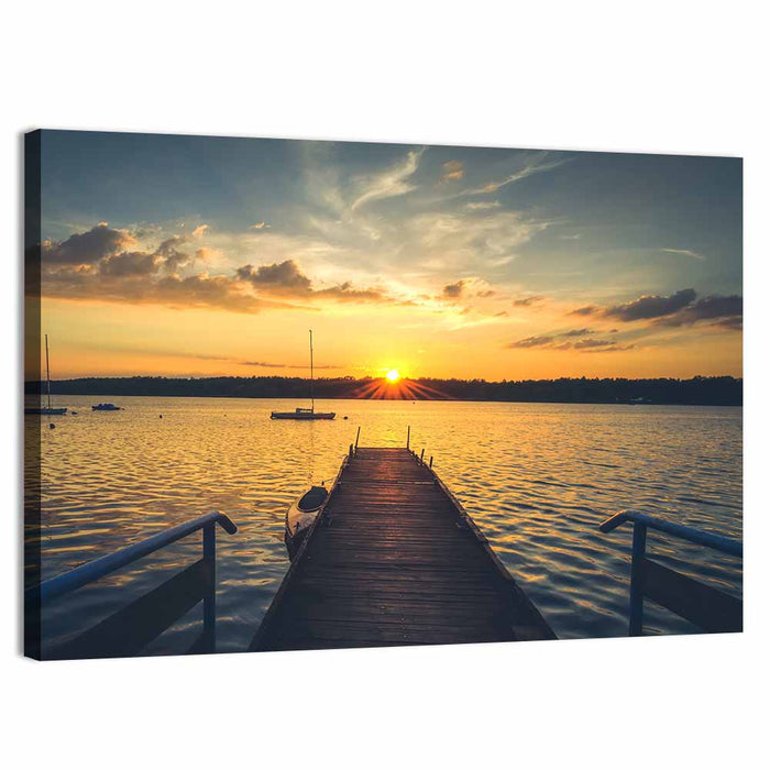 Sunset Pier with Sailboat Wall Art as a canvas print