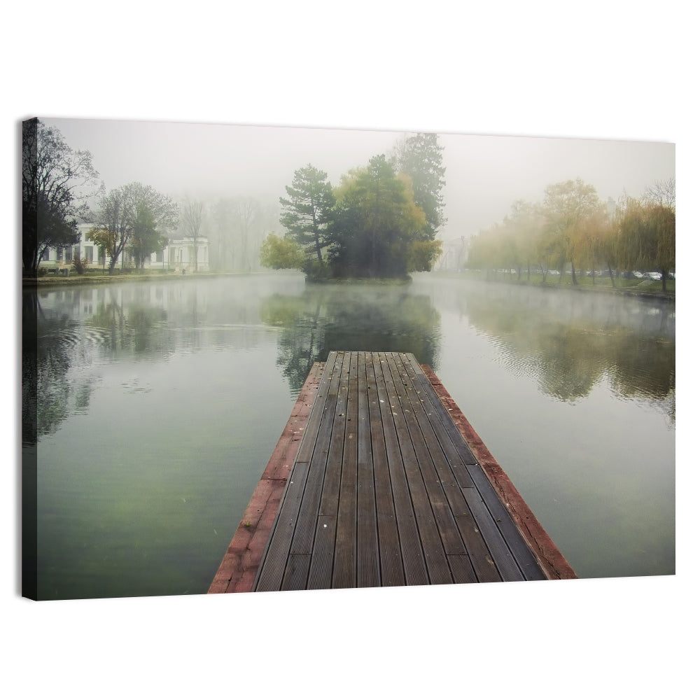 Wooden Pier on Foggy Lake Wall Art, canvas print, landscape