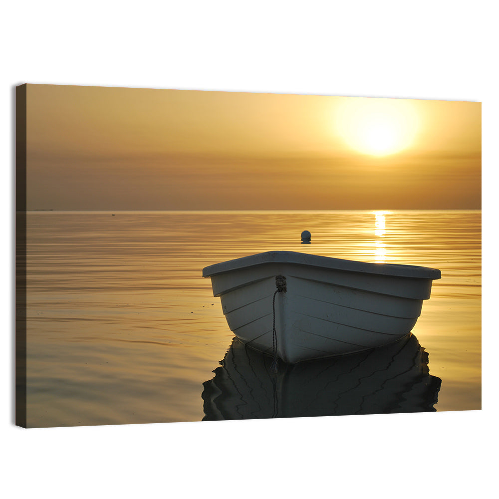 White Rowboat on Golden Sea Wall Art