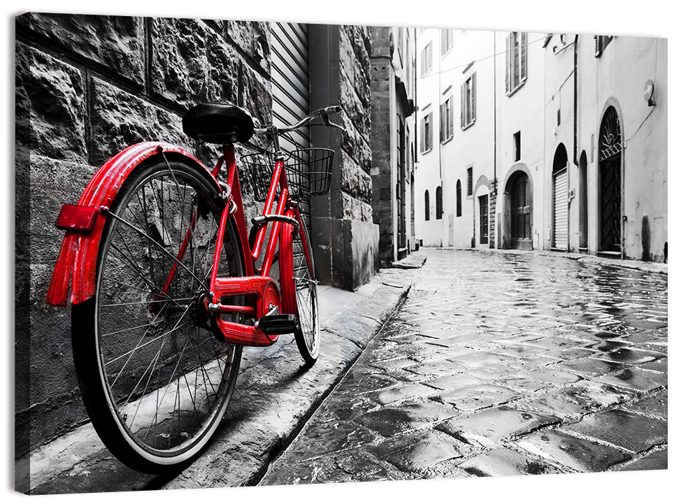 Red Bicycle on Rainy Cobblestone Street Wall Art