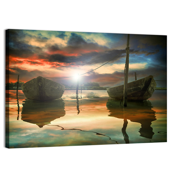 Two Wooden Boats at Sunset Wall Art as a canvas print