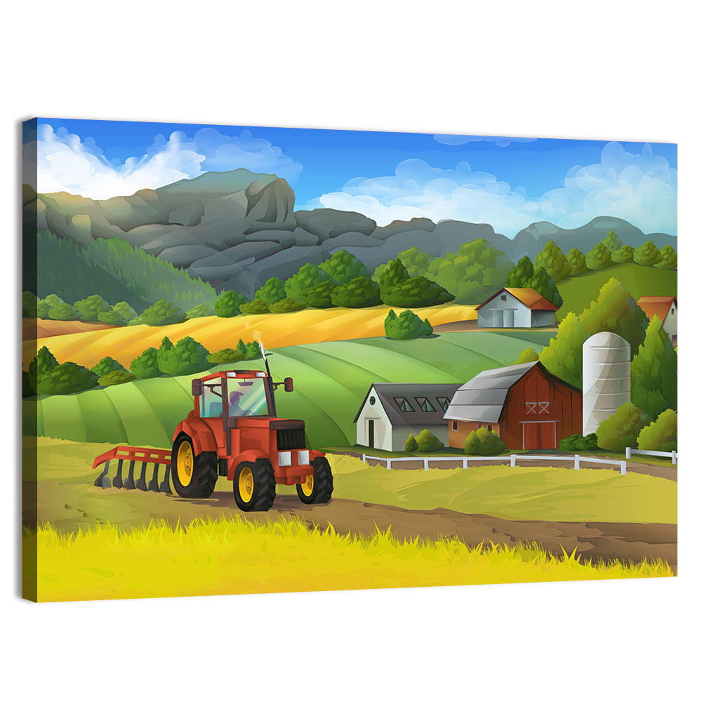 Red Tractor Farm Landscape Wall Art, canvas print, landscape
