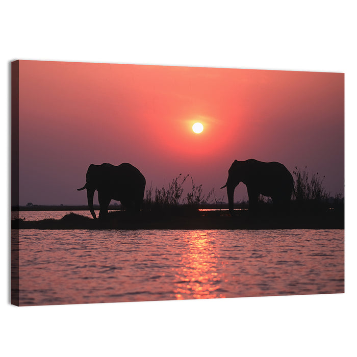 Elephants at Sunset Silhouette Wall Art as a canvas print