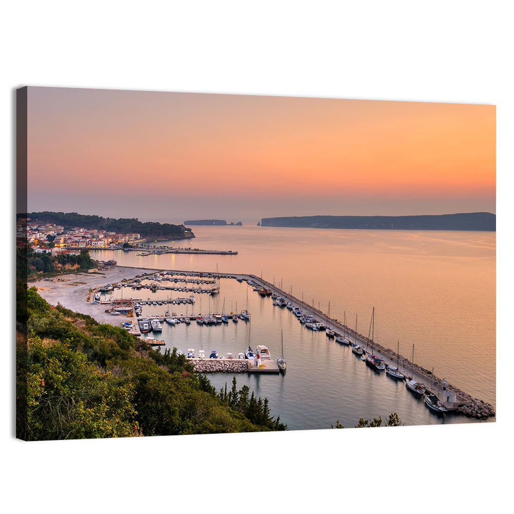 Pylos Harbor Lighthouse Sunset Wall Art, canvas print, landscape