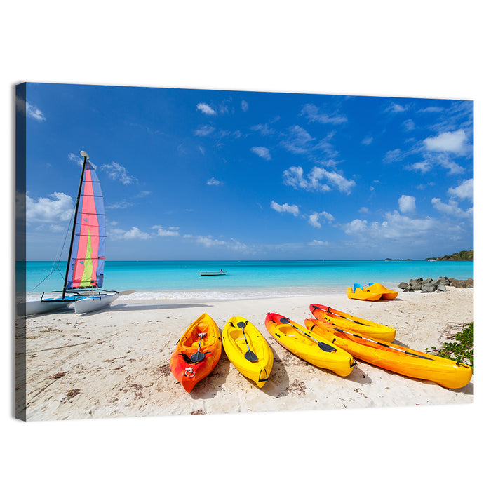Yellow Kayaks on Tropical Beach Wall Art as a canvas print
