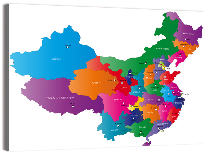 Colorful China Provinces Map Wall Art as a canvas print