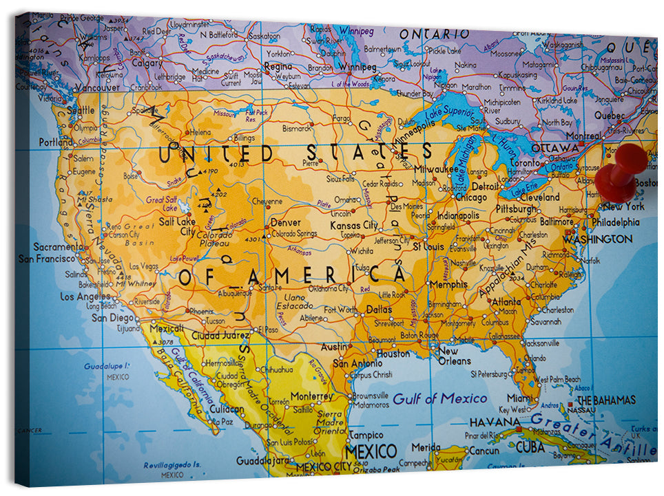 Vintage USA Map with Northeastern Pushpin Wall Art