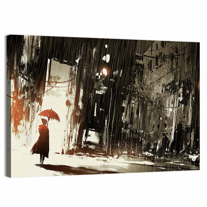 Woman with Umbrella on Rainy Street Wall Art as a canvas print