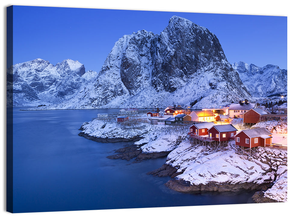 Hamnøy Red Cabins at Winter Dusk Wall Art