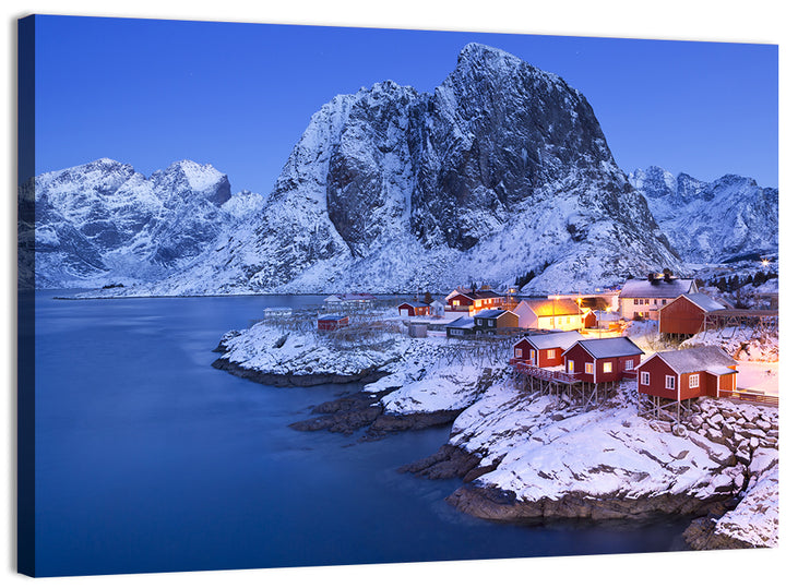 Hamnøy Red Cabins at Winter Dusk Wall Art